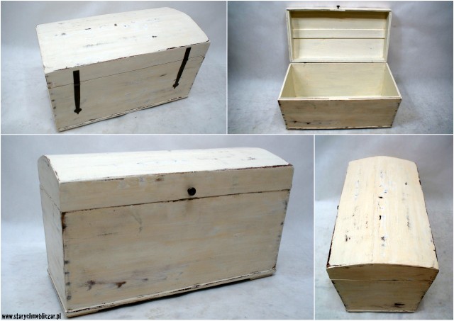 Kufer sosnowy z końca XIXw., po renowacji stolarskiej, wykończony farbą i woskiem, okucia współczesne