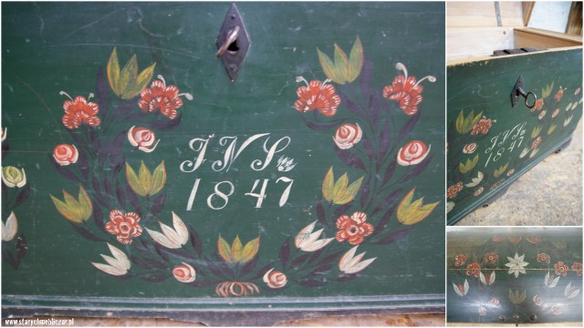 kufer ludowy z I poł. XIXw. (oryginalnie zachowane malunki kwiatowe)